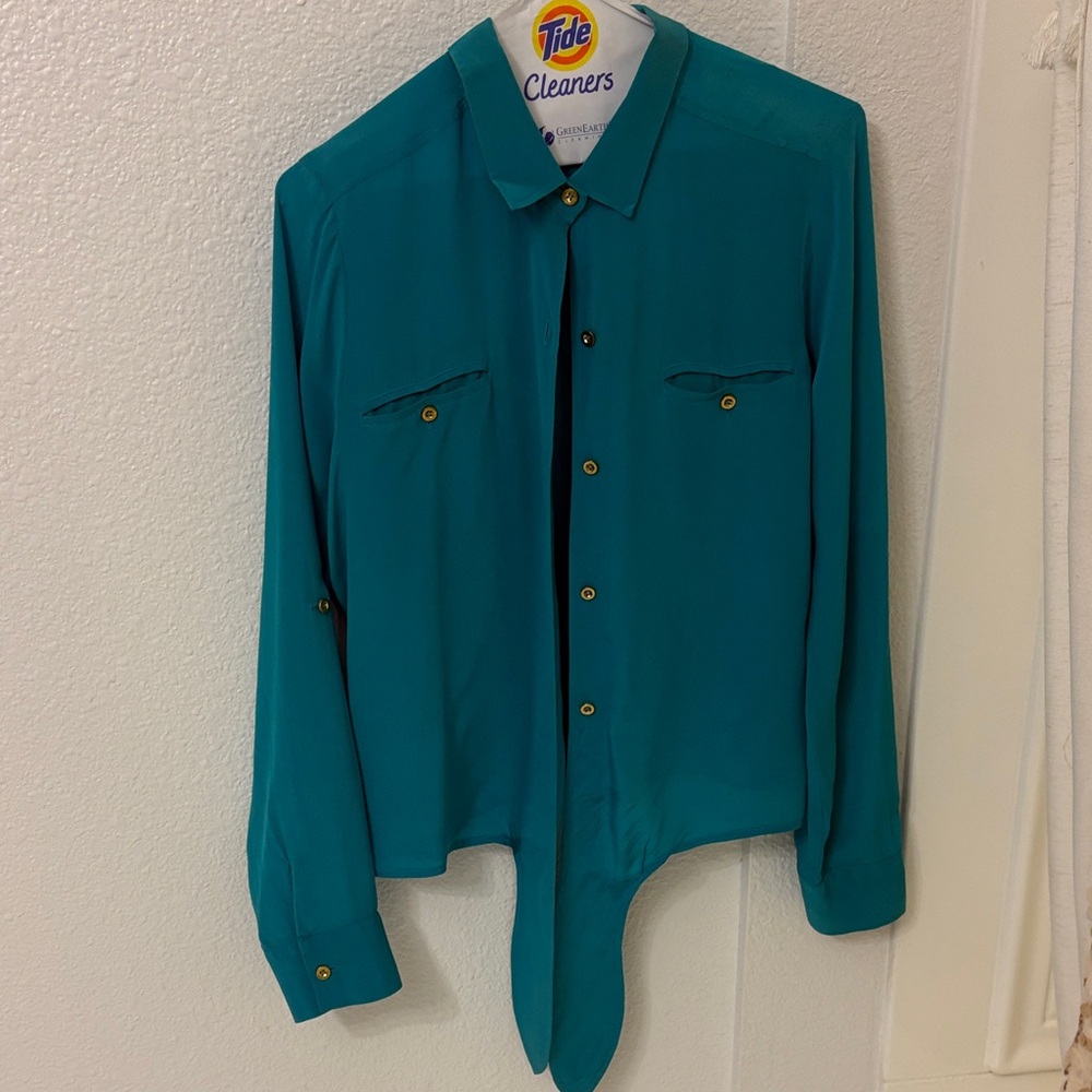 Bebe Y2K Teal Long-Sleeve Shirt with Gold Accents
